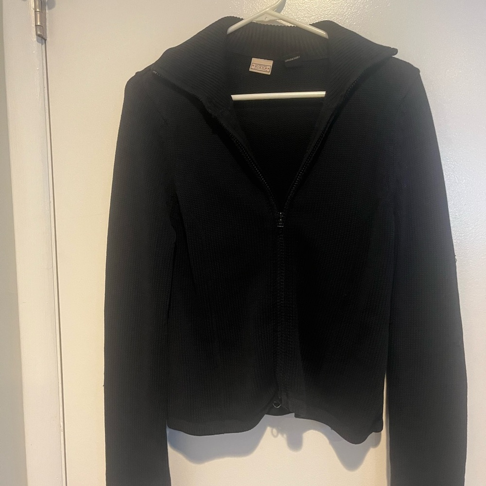 Black zip up cardigan, sweater, and other tops